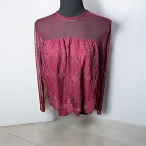 Boho Lacy Blouse Top Wine Red Women's with Sheer Sleeves Romantic cottagecore Lg